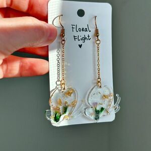 Butterfly Flower Earrings with Real Dried Flowers and Gold Flakes
